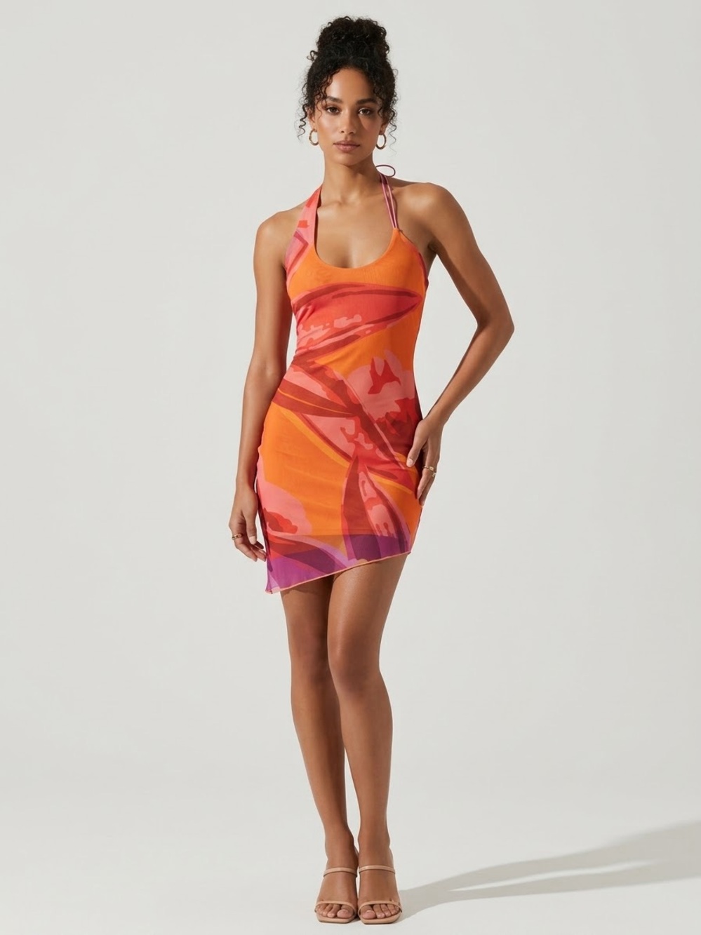 Oh Polly Orange & Pink Halter Abstract Bodycon Mini